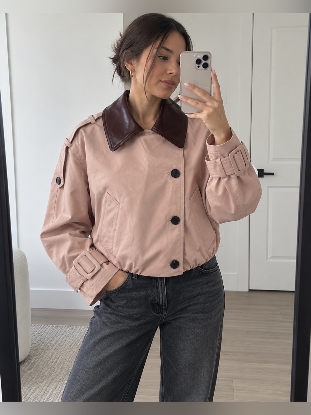 Avec Les Filles Light Pink Cropped Trench Jacket Contrast Collar Size M NWT